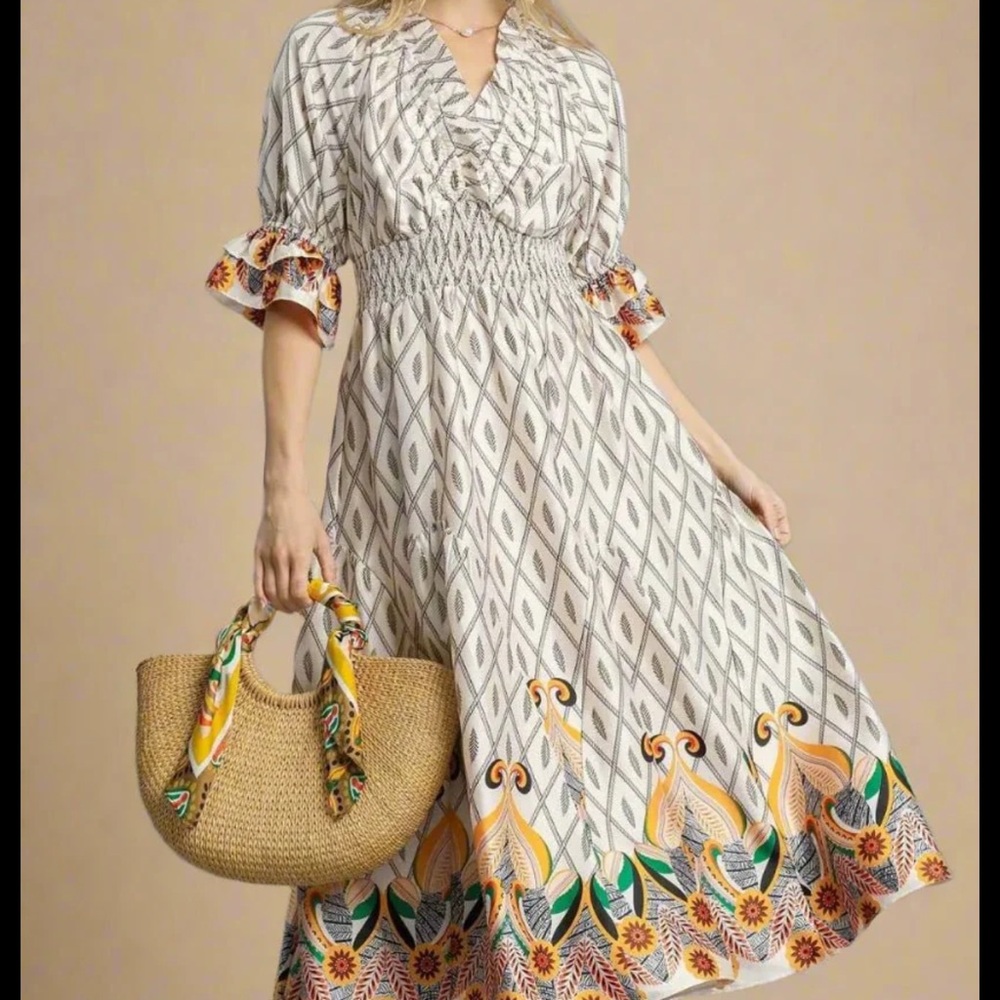 Umgee Medium Boho Diamond-Print Midi Dress with Floral Border